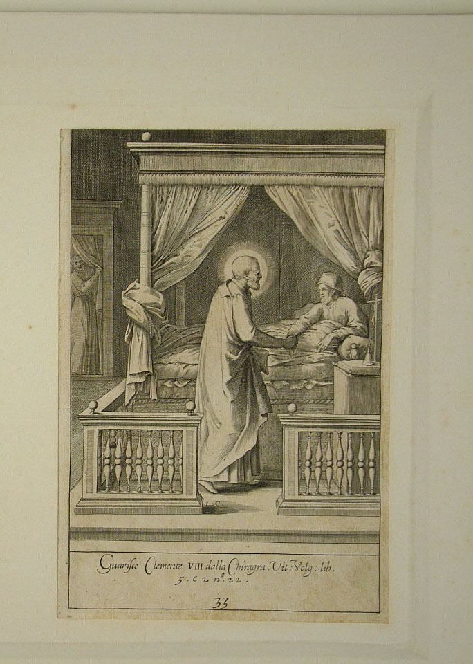 San Filippo Neri guarisce Clemente VIII dalla chiragra (stampa smarginata, elemento d'insieme) di Reni Guido (attribuito), Ciamberlano Luca (attribuito) (primo quarto sec. XVII)