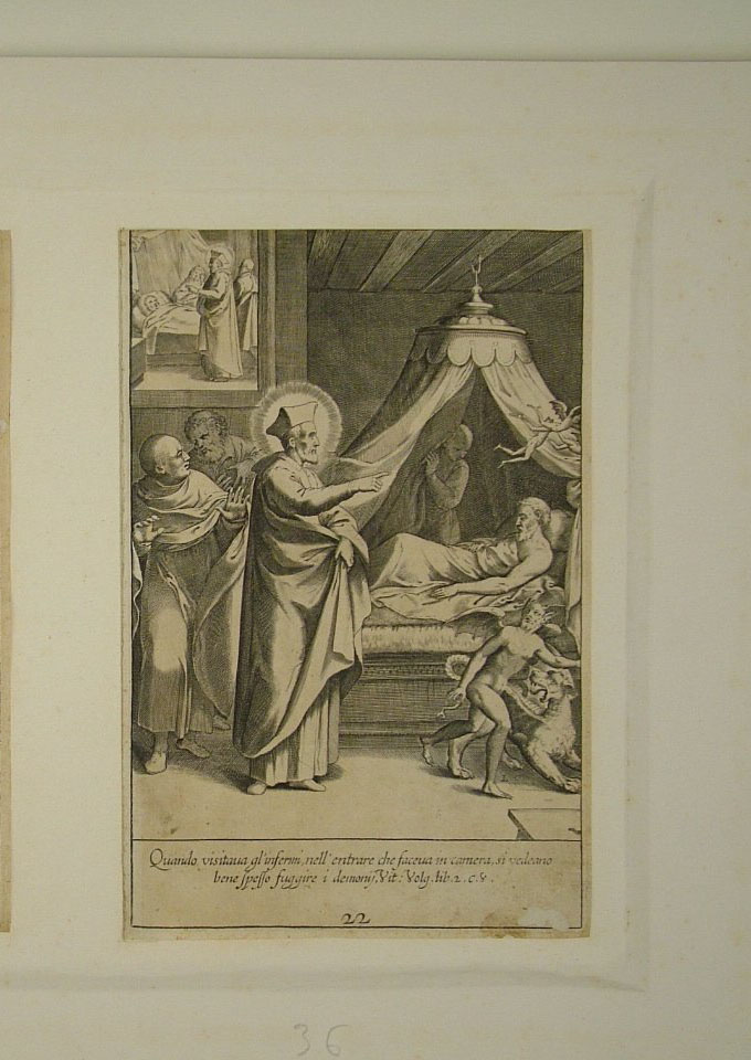San Filippo Neri mette in fuga i demoni (stampa smarginata, elemento d'insieme) di Reni Guido (attribuito), Ciamberlano Luca (attribuito) (primo quarto sec. XVII)