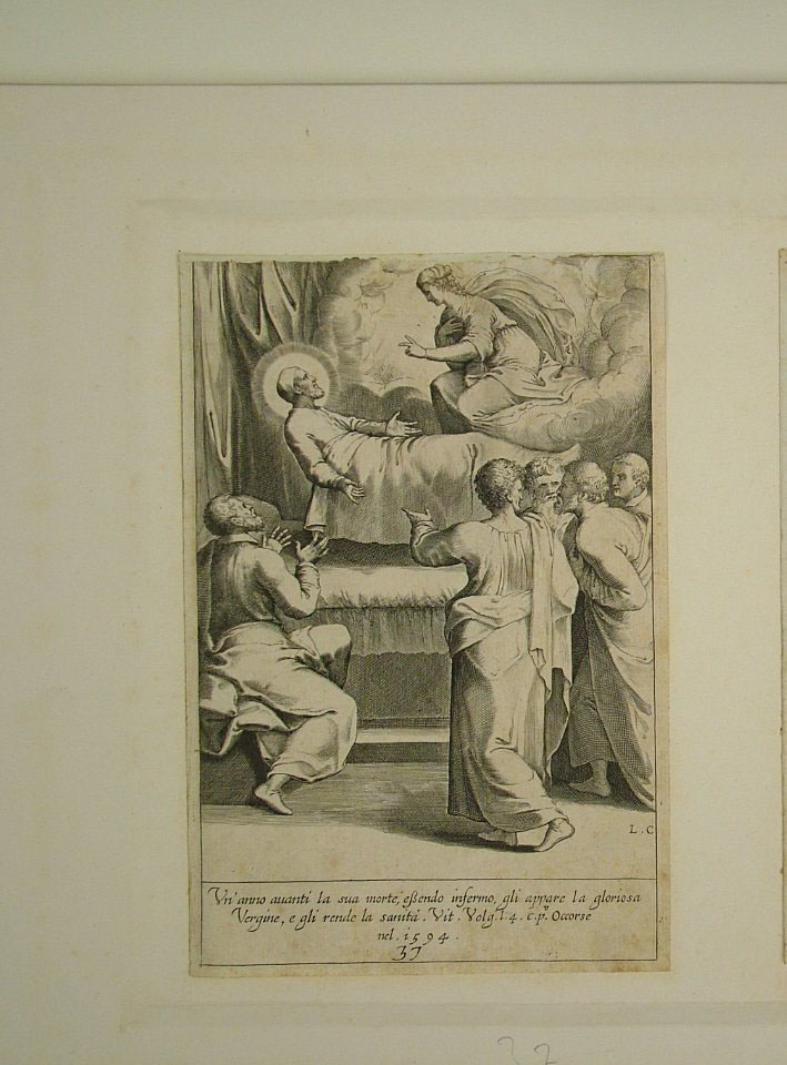 San Filippo Neri malato ha la visione della Madonna (stampa smarginata, elemento d'insieme) di Reni Guido (attribuito), Ciamberlano Luca (attribuito) (primo quarto sec. XVII)