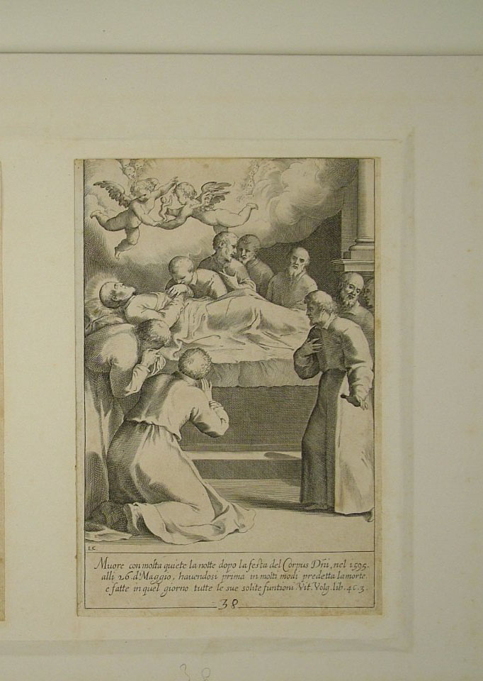 morte di San Filippo Neri (stampa smarginata, elemento d'insieme) di Reni Guido (attribuito), Ciamberlano Luca (attribuito) (primo quarto sec. XVII)