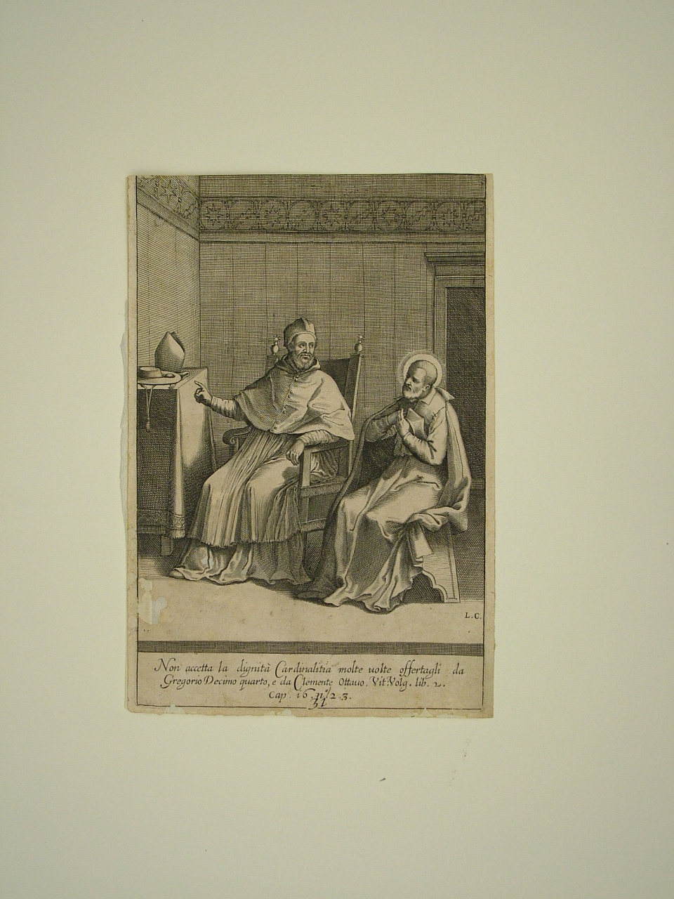 San Filippo Neri rinuncia al cardinalato (stampa smarginata, elemento d'insieme) di Reni Guido (attribuito), Ciamberlano Luca (attribuito) (primo quarto sec. XVII)
