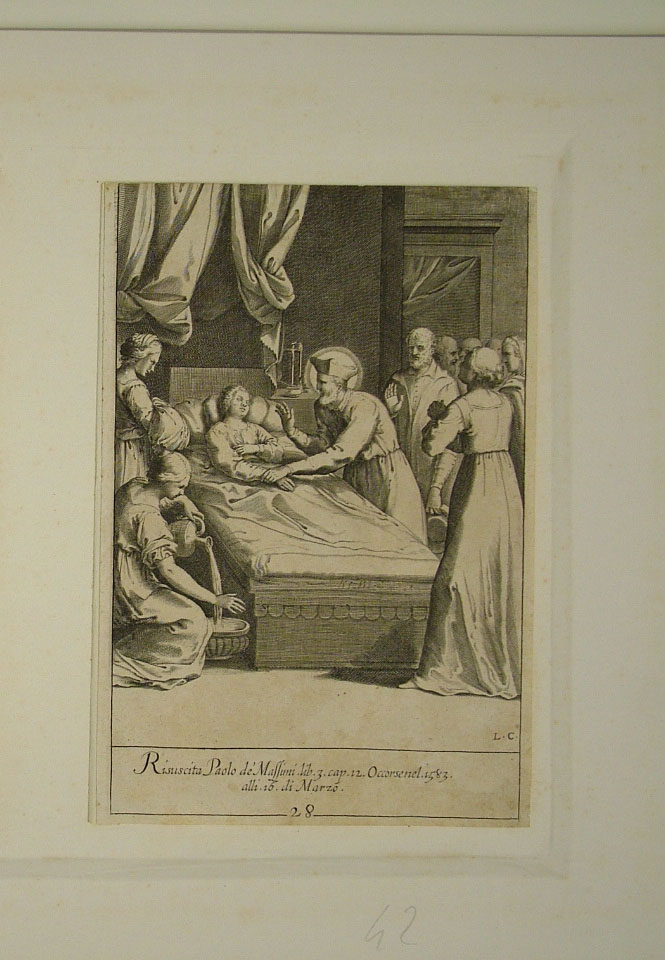 San Filippo Neri resuscita Paolo Massimo (stampa smarginata, elemento d'insieme) di Reni Guido (attribuito), Ciamberlano Luca (attribuito) (primo quarto sec. XVII)