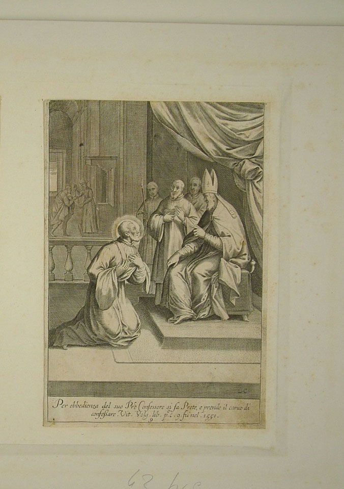 San Filippo Neri fa atto di obbedienza al suo Pre Confessore (stampa smarginata, elemento d'insieme) di Reni Guido (attribuito), Ciamberlano Luca (attribuito) (primo quarto sec. XVII)