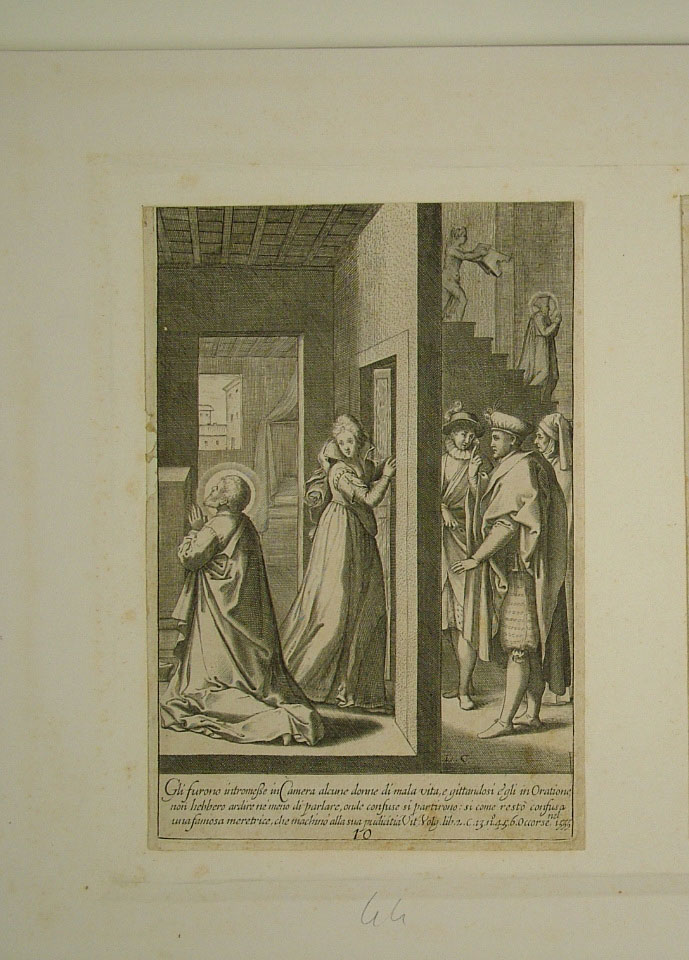 San Filippo Neri scaccia le tentazioni (stampa smarginata, elemento d'insieme) di Reni Guido (attribuito), Ciamberlano Luca (attribuito) (primo quarto sec. XVII)