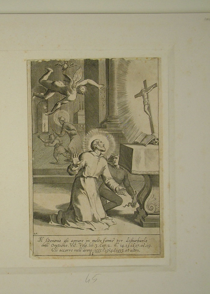 Apparizione del demonio a San Filippo Neri (stampa smarginata, elemento d'insieme) di Reni Guido (attribuito), Ciamberlano Luca (attribuito) (primo quarto sec. XVII)