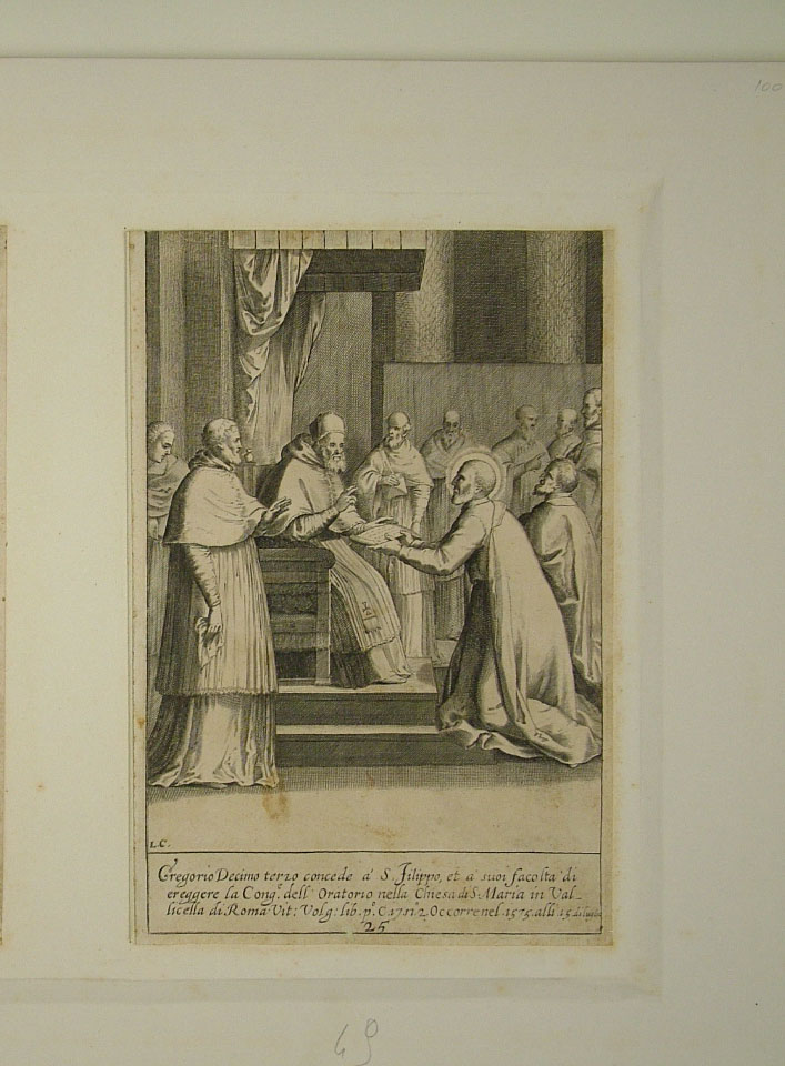 San Filippo Neri riceve dal papa la conferma della Regola della Congregazione (stampa smarginata, elemento d'insieme) di Reni Guido (attribuito), Ciamberlano Luca (attribuito) (primo quarto sec. XVII)