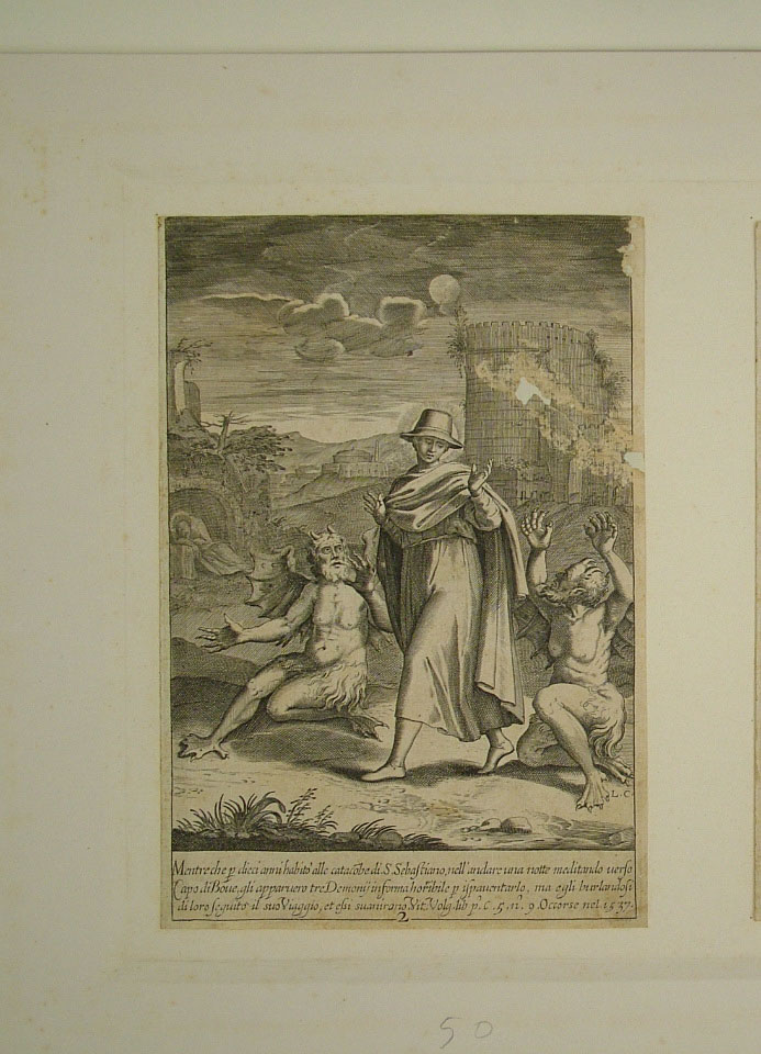 Apparizione del demonio a San Filippo Neri (stampa smarginata, elemento d'insieme) di Reni Guido (attribuito), Ciamberlano Luca (attribuito) (primo quarto sec. XVII)