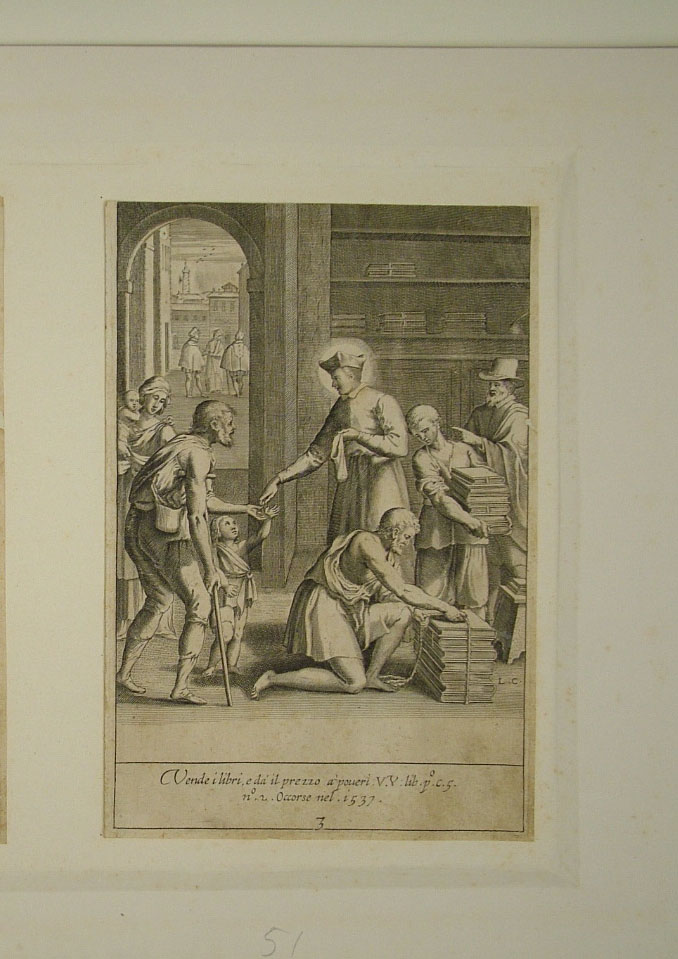 San Filippo Neri vende i propri libri e dona il ricavato ai poveri (stampa smarginata, elemento d'insieme) di Reni Guido (attribuito), Ciamberlano Luca (attribuito) (primo quarto sec. XVII)