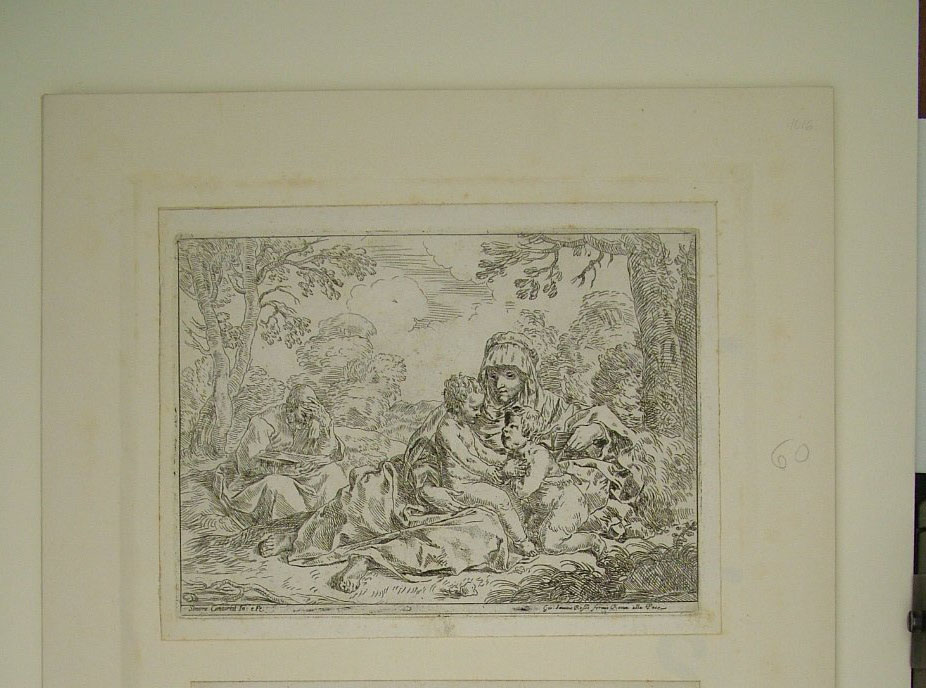 Sacra Famiglia con San Giovanni Battista bambino (stampa) di Cantarini Simone (attribuito), Rossi Giovanni Giacomo (attribuito) (sec. XVII)