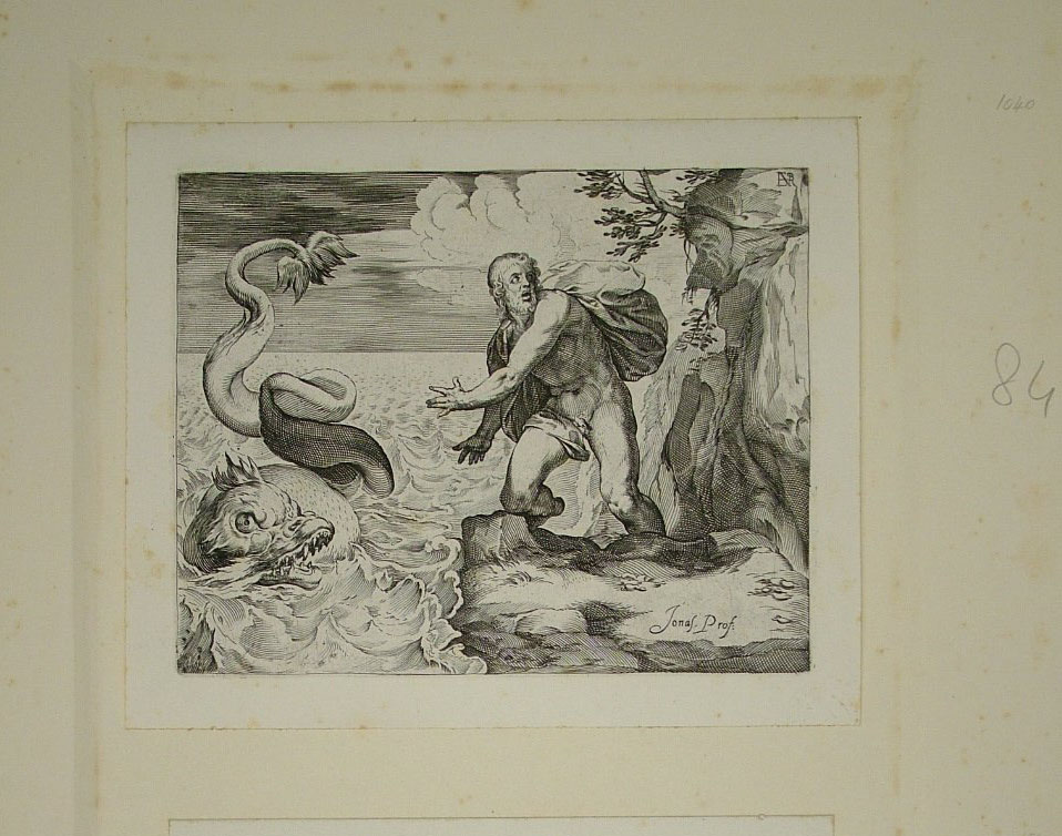 Giona rigettato dal ventre del pesce (stampa) - ambito Italia centrale (prima metà sec. XVII)