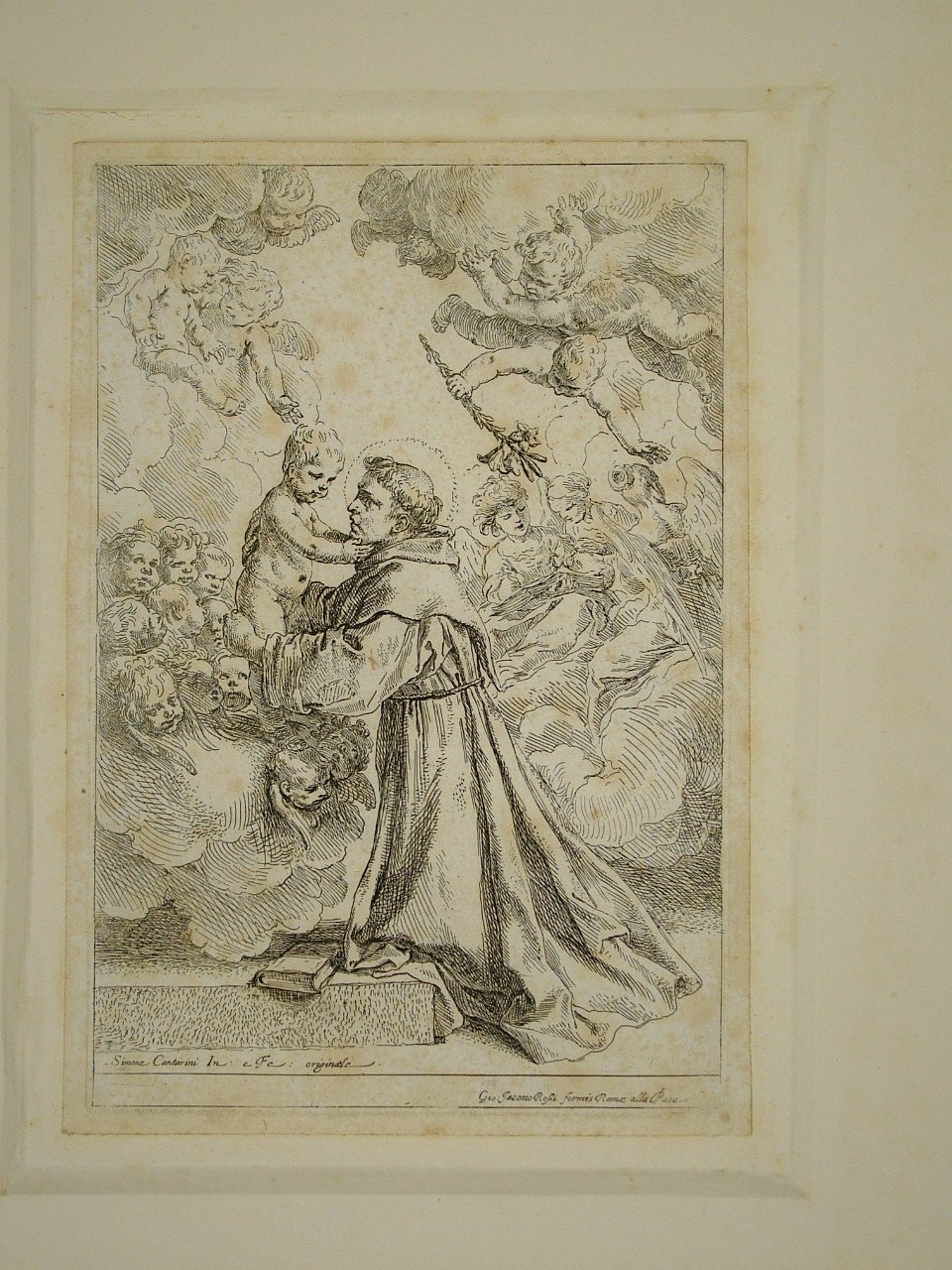 Sant'Antonio da Padova con il Bambino Gesù (stampa) di Cantarini Simone (attribuito), Rossi Giovanni Giacomo (attribuito) (secondo quarto sec. XVII)