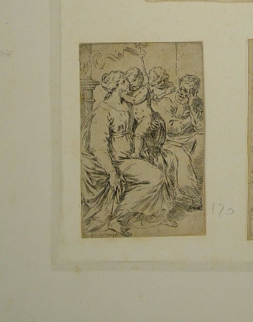Sacra Famiglia con San Giovanni Battista bambino (stampa smarginata) di Cantarini Simone (attribuito) (secondo quarto sec. XVII)