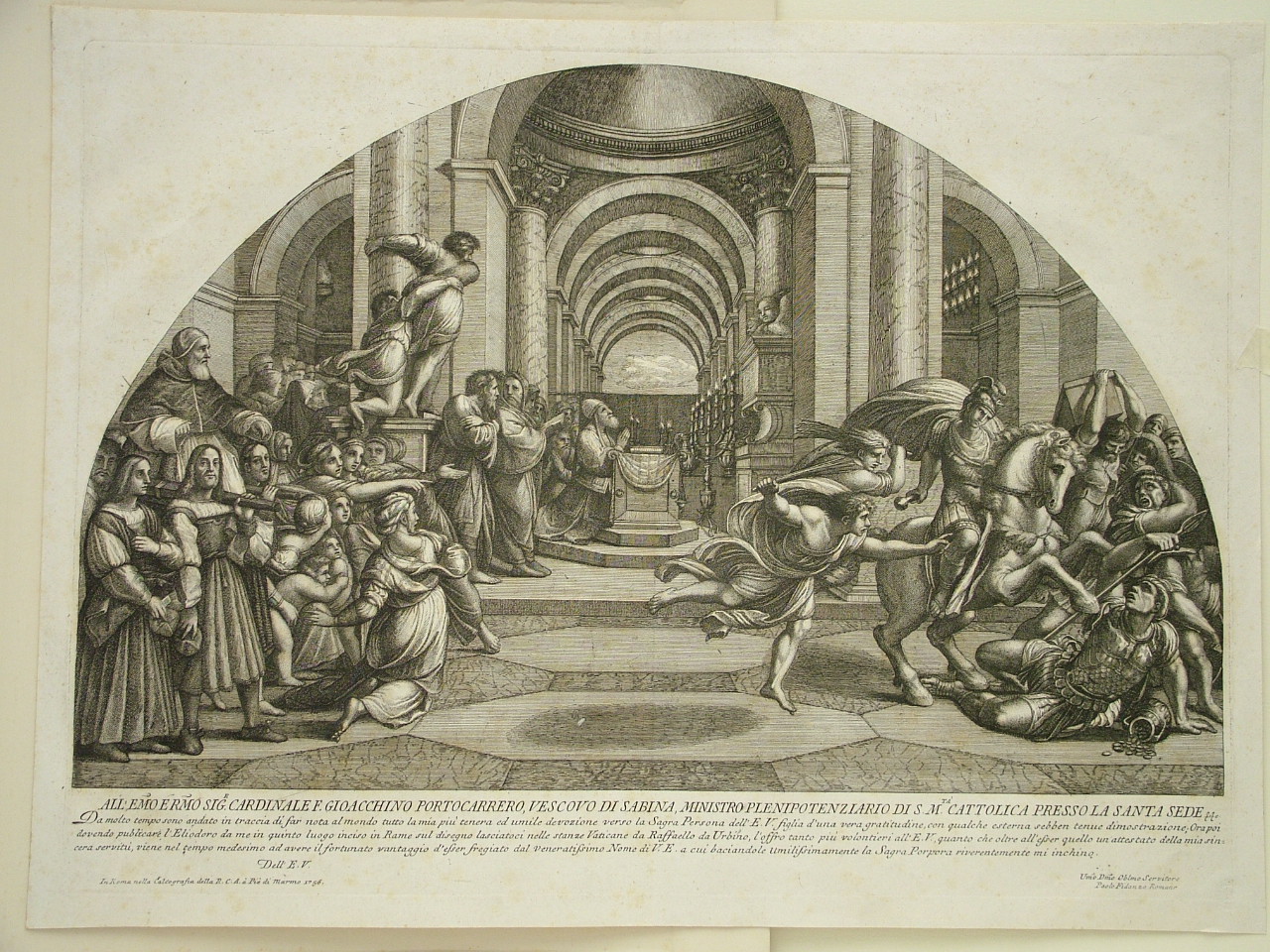 cacciata di Eliodoro dal tempio (stampa, elemento d'insieme) di Sanzio Raffaello (attribuito), Fidanza Paolo (attribuito) (terzo quarto sec. XVIII)