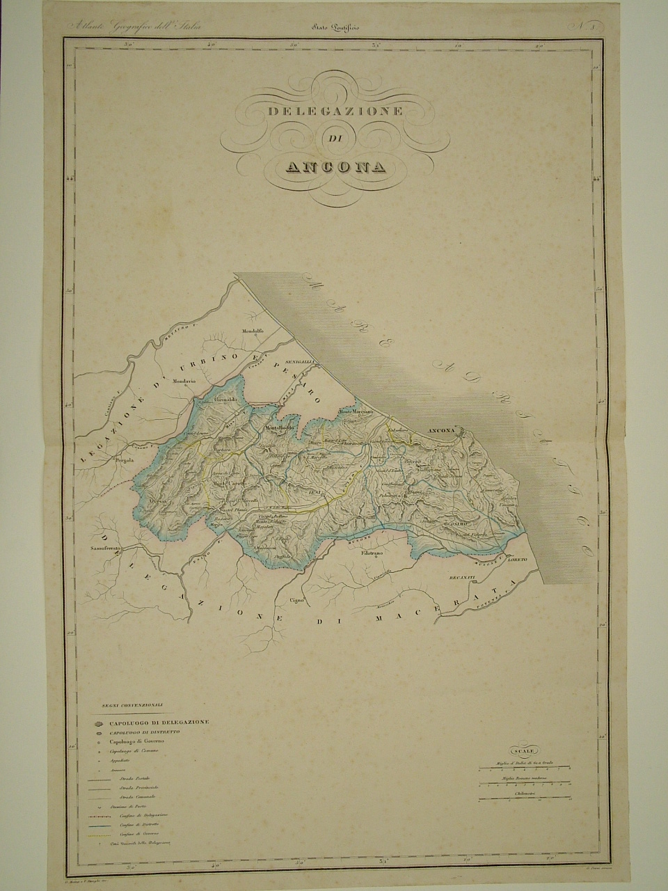 carta geografica della delegazione di Ancona (stampa colorata a mano) - ambito italiano (secondo quarto sec. XIX)