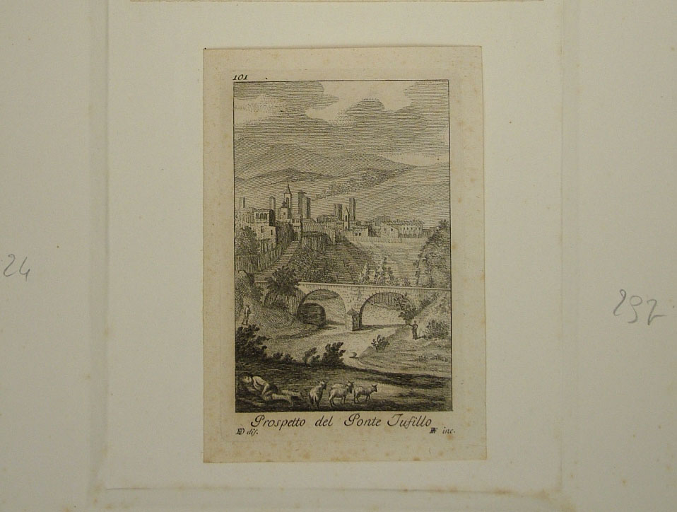 veduta del ponte Tufillo ad Ascoli (stampa) di Orsini Baldassarre (attribuito), Faucci Raimondo (attribuito) (ultimo quarto sec. XVIII)