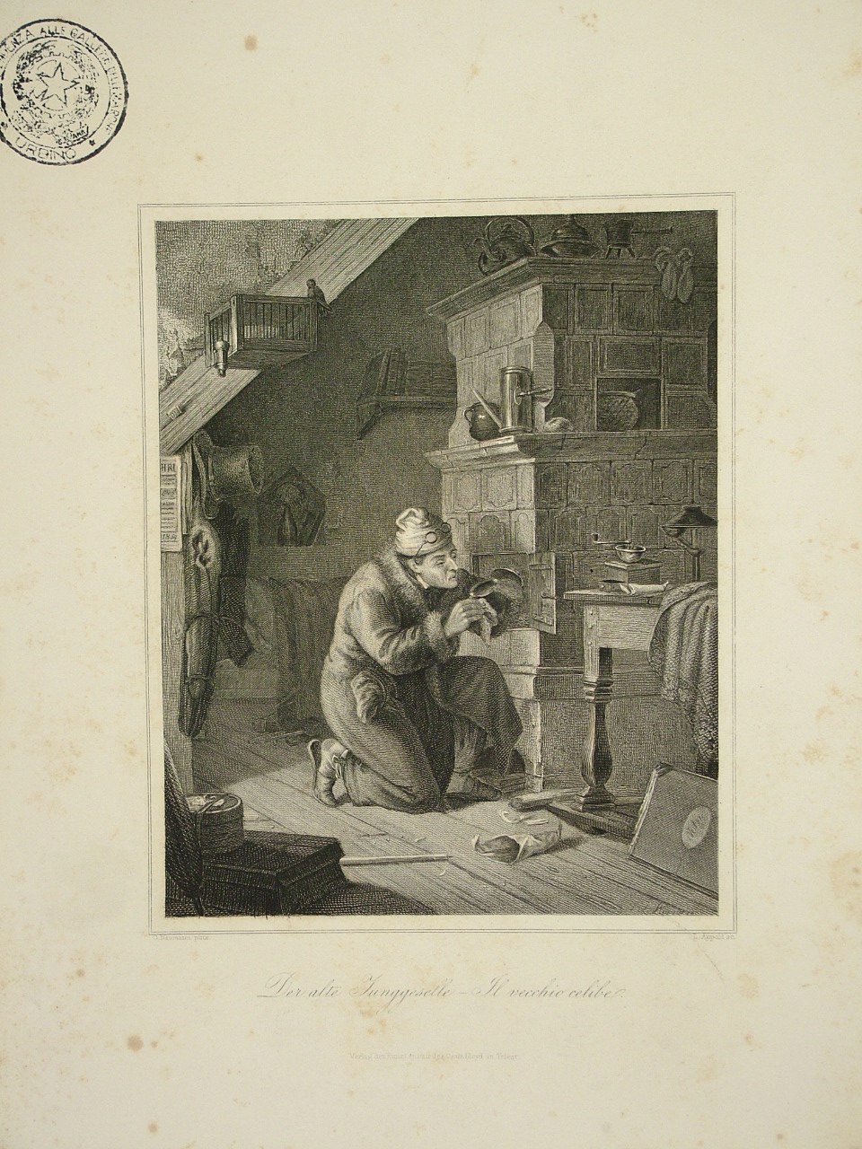 interno con figura maschile (stampa) di Appold Johann Leonhard (attribuito) - ambito tedesco (sec. XIX)