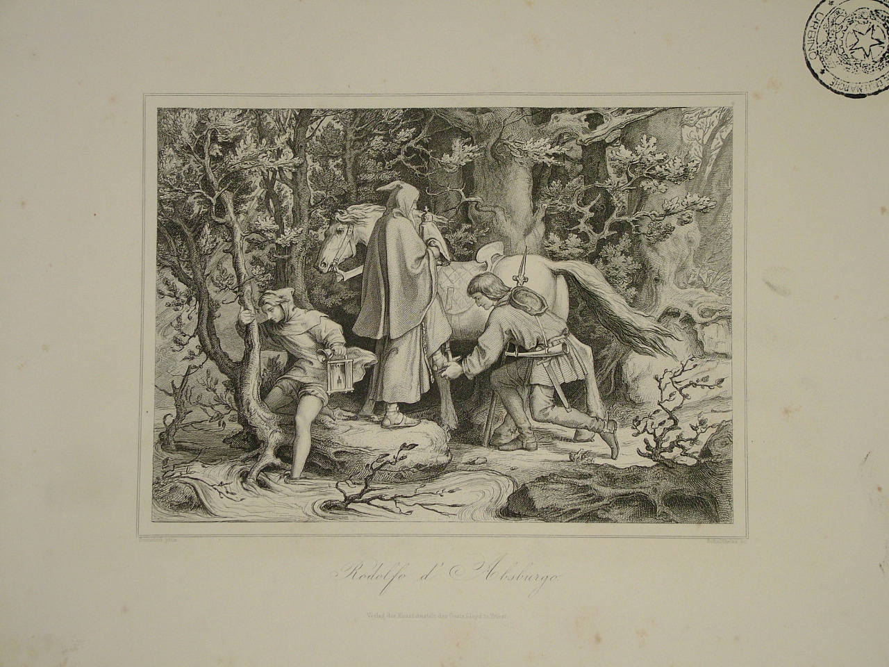 paesaggio boschivo con Rodolfo d'Asburgo (stampa) di Von Schwind Moritz Ludwig (attribuito), Schultheiss Albrecht (attribuito) (seconda metà sec. XIX)