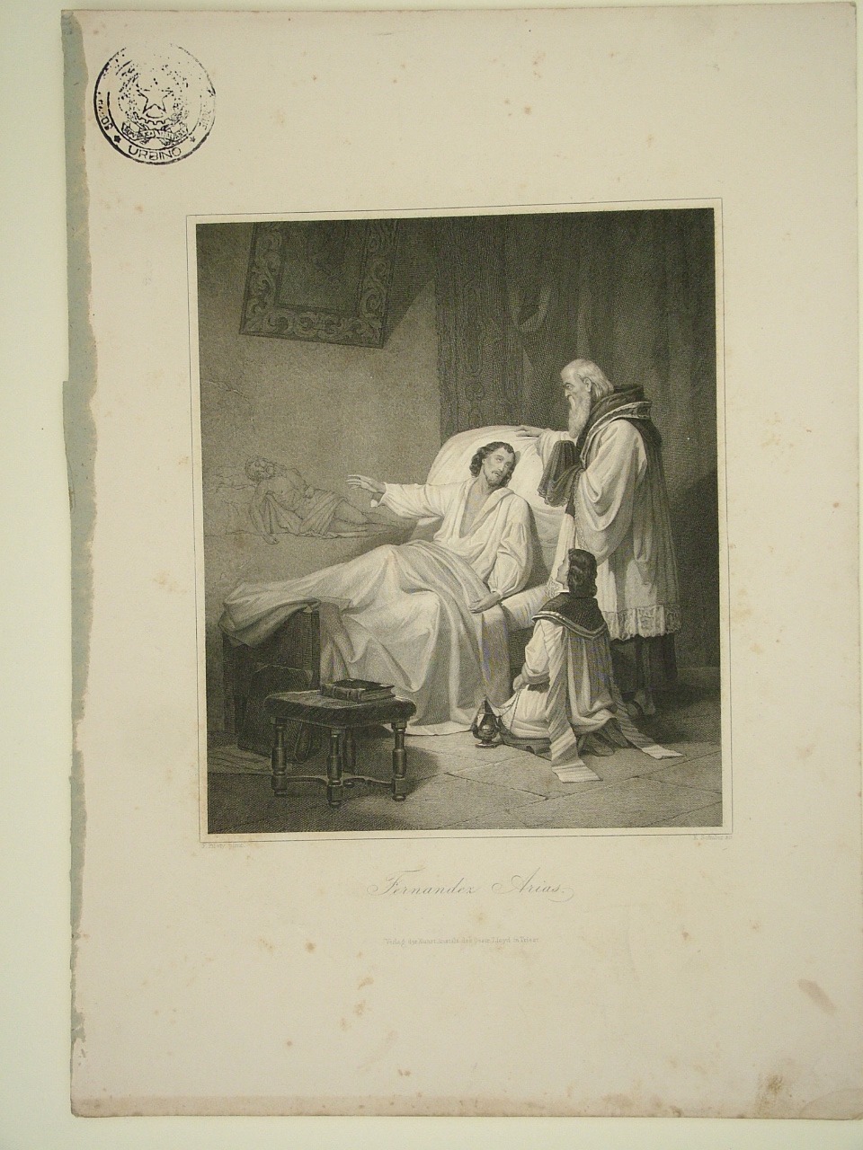 interno con Fernandez Arias e sacerdote (stampa) di Piloty Ferdinand (attribuito), Schuler Edoward (attribuito) (sec. XIX)