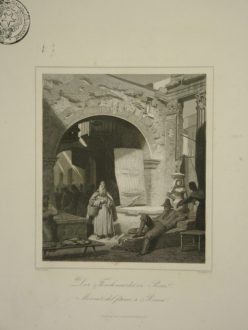 mercato del pesce a Roma (stampa) di Piloty Ferdinand I (attribuito), Pommer Georg (attribuito) (terzo quarto sec. XIX)