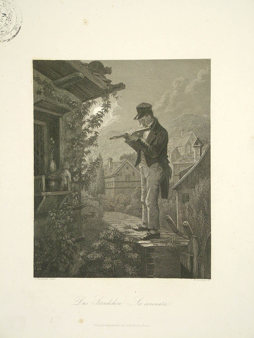 giovane che suona il flauto (stampa) di Petersen Heinrich Ludwig (attribuito) - ambito tedesco (sec. XIX)