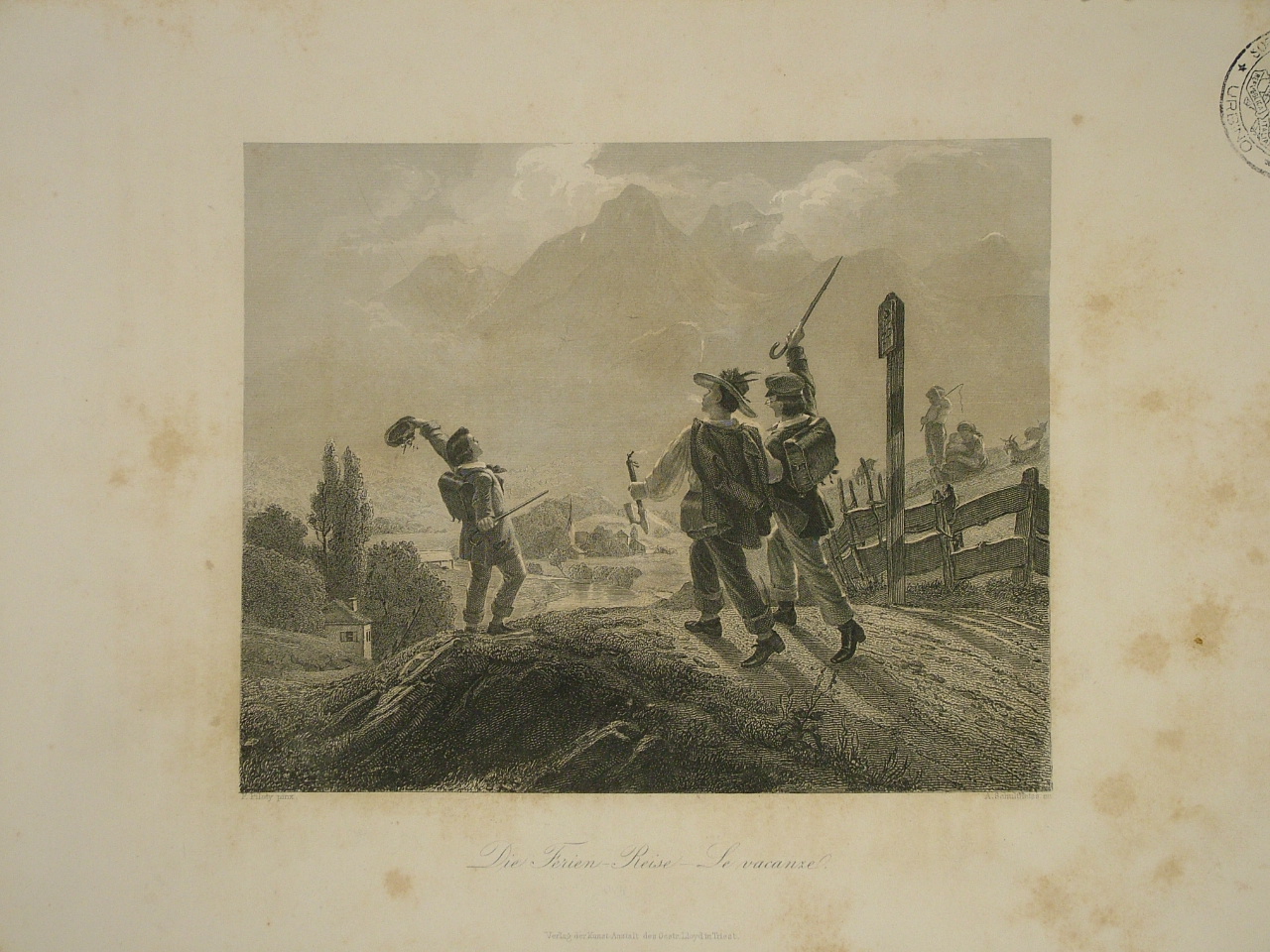 Le vacanze, scena montana con figure (stampa) di Schultheiss Albrecht (seconda metà sec. XIX)