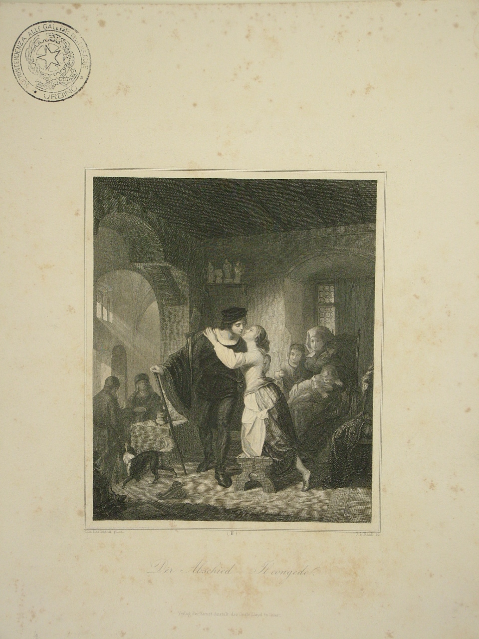 Il congedo, interno di osteria con figure (stampa) di Raab Johann Leonhard (seconda metà sec. XIX)