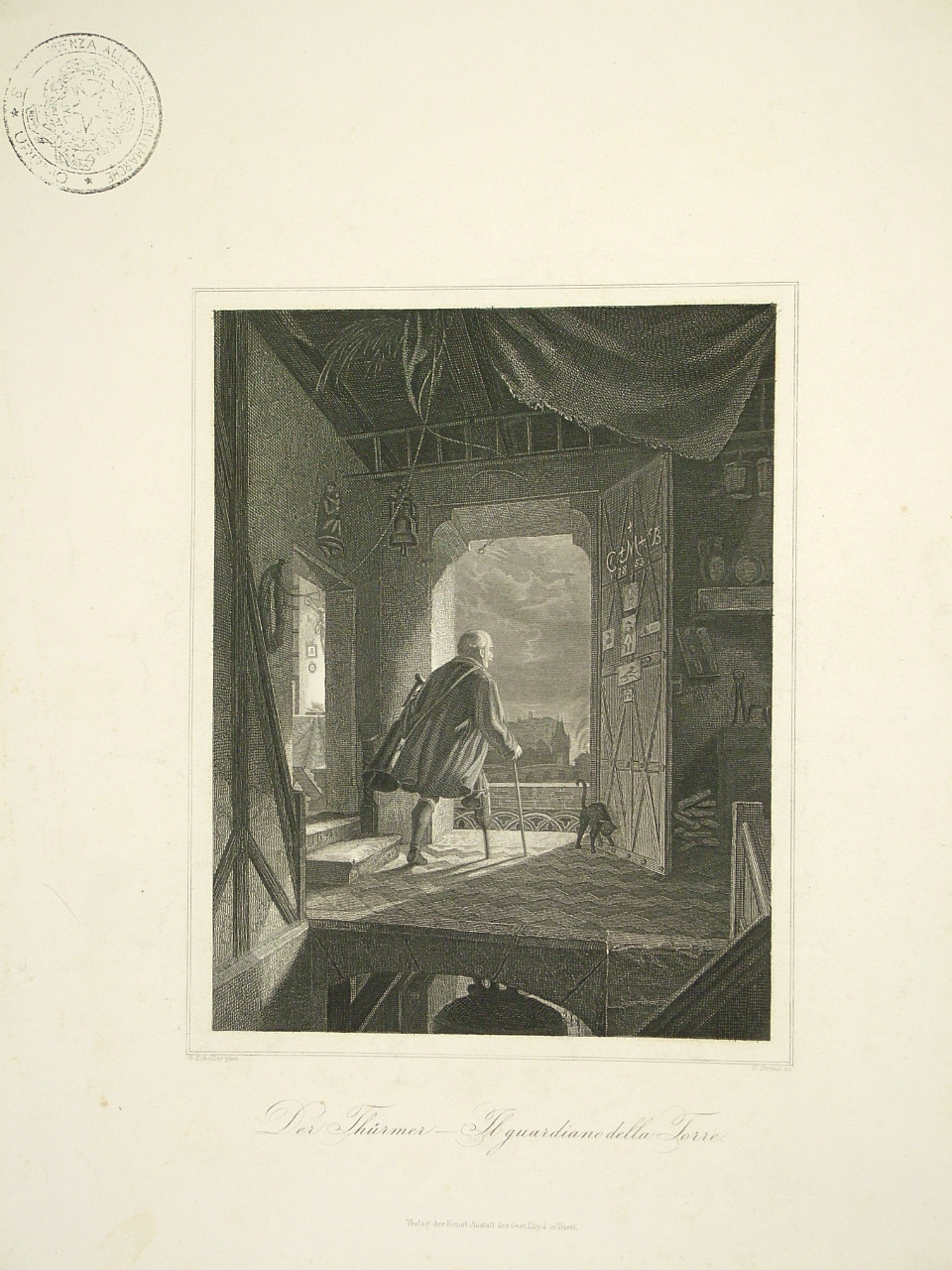 Il guardiano della torre, interno con figura maschile (stampa) di Strunz G (seconda metà sec. XIX)