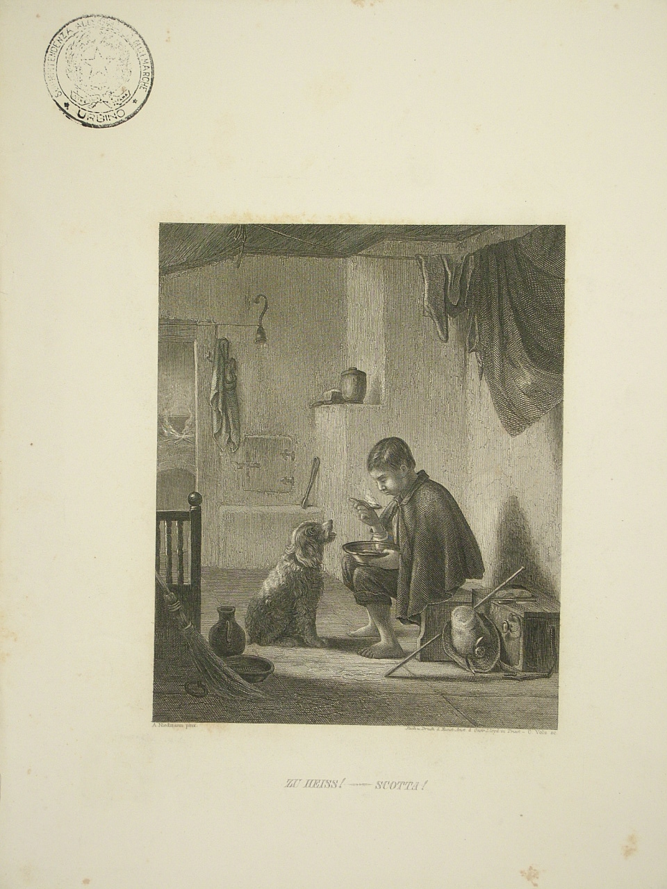 Scotta!, interno con figura e animale (stampa) di Volz G (seconda metà sec. XIX)