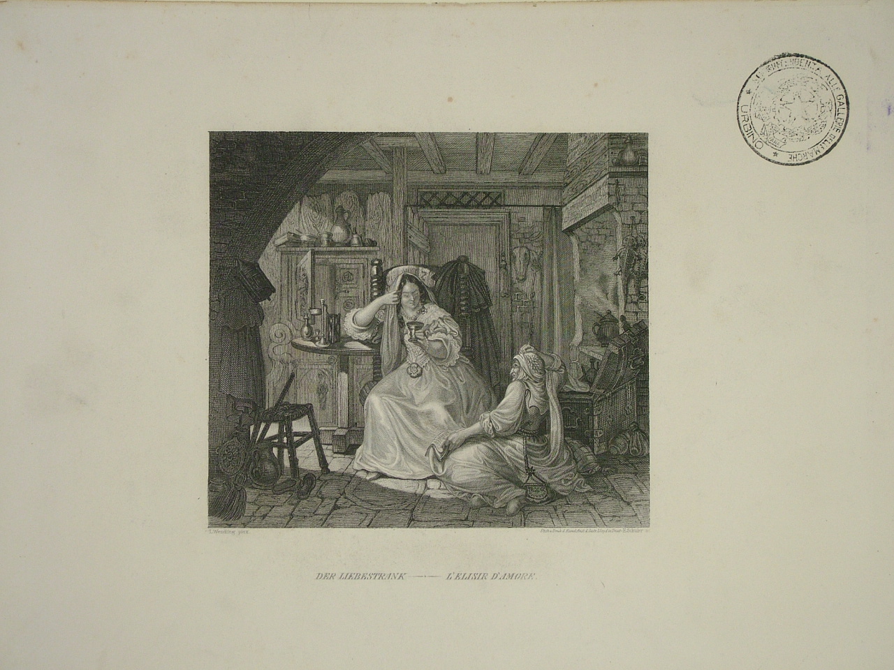 Elisir d'amore, interno con figure (stampa) di Schuler Edoward (terzo quarto sec. XIX)