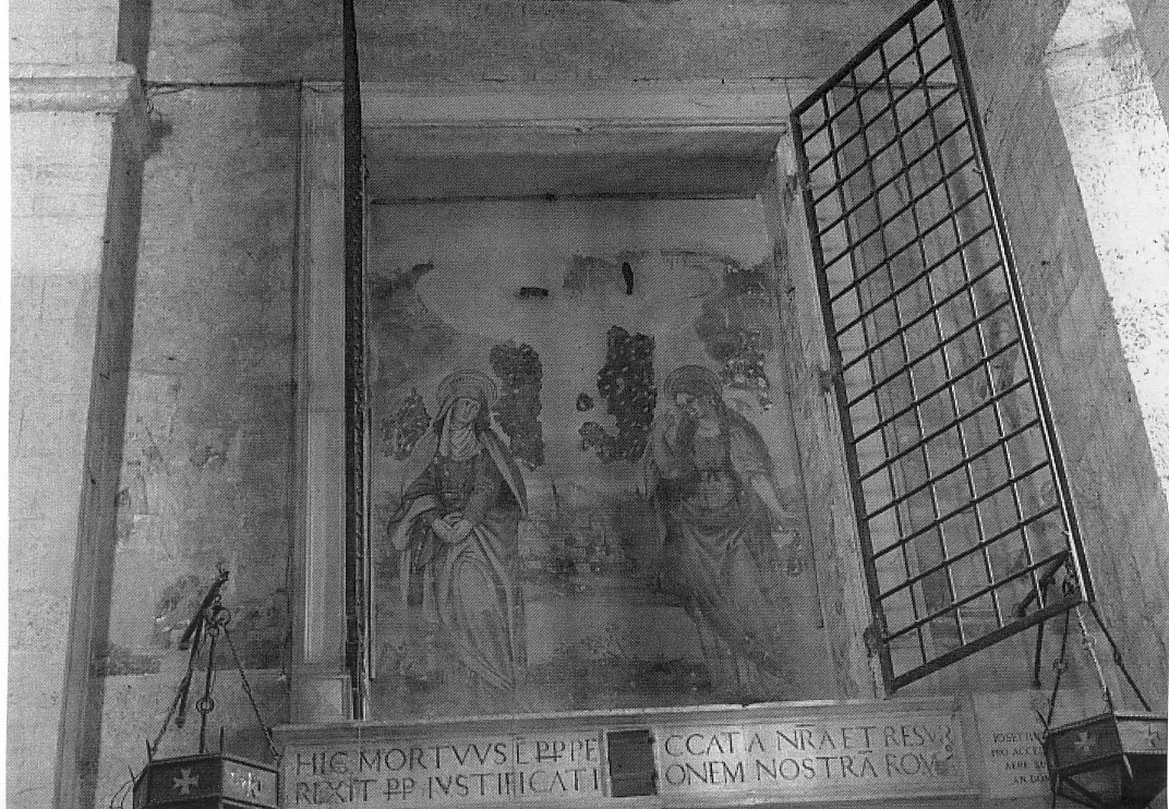 La Madonna e la Maddalena ai piedi della croce, crocifissione di Cristo con la Madonna e Santa Maria Maddalena (dipinto murale, elemento d'insieme) - ambito umbro-marchigiano (sec. XVI)