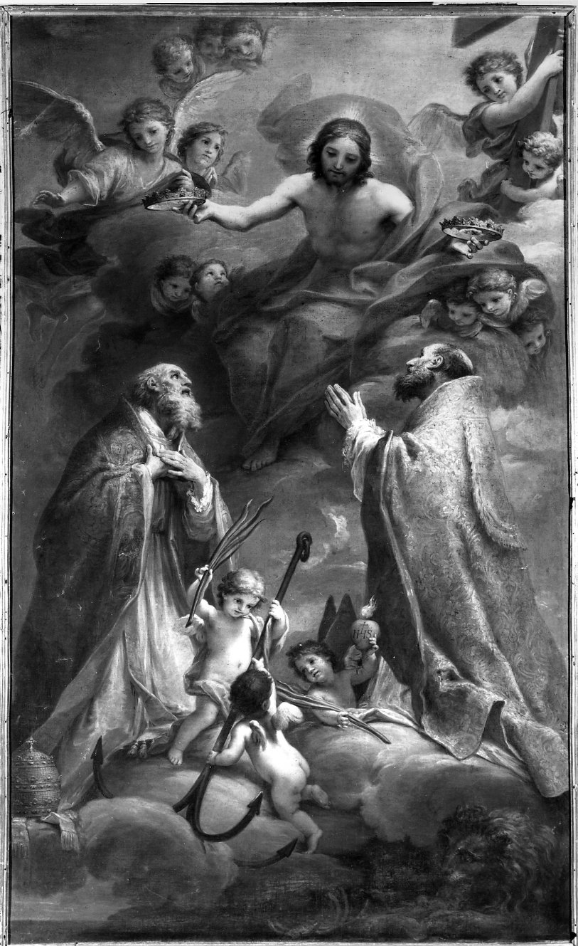 Cristo incorona San Clemente e Sant'Agostino (dipinto) di Mancini Francesco (sec. XVIII)
