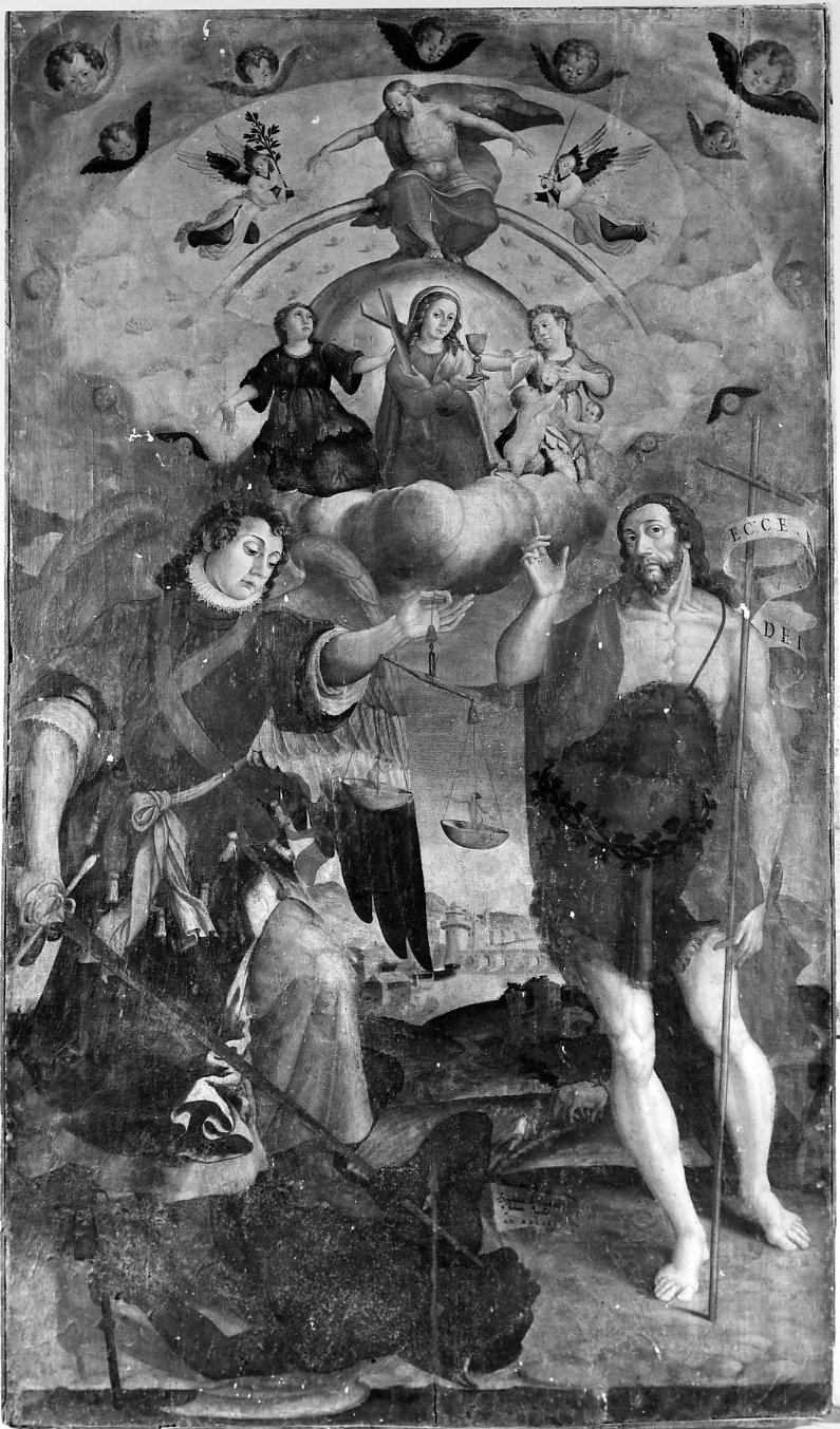 San Michele Arcangelo, San Giovanni Battista e le virtù teologali (dipinto) di Domiziani Domiziano (sec. XVI)