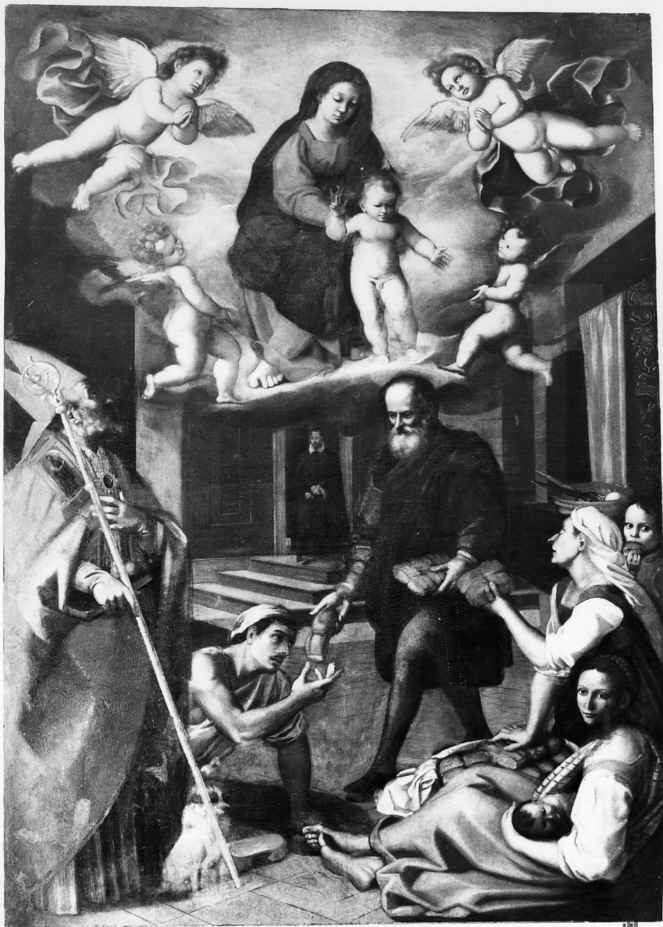 elemosina di Sant'Omobono con San Nicola di Bari e Madonna con Bambino in gloria (dipinto) di Mazza Ventura (attribuito) (inizio sec. XVII)