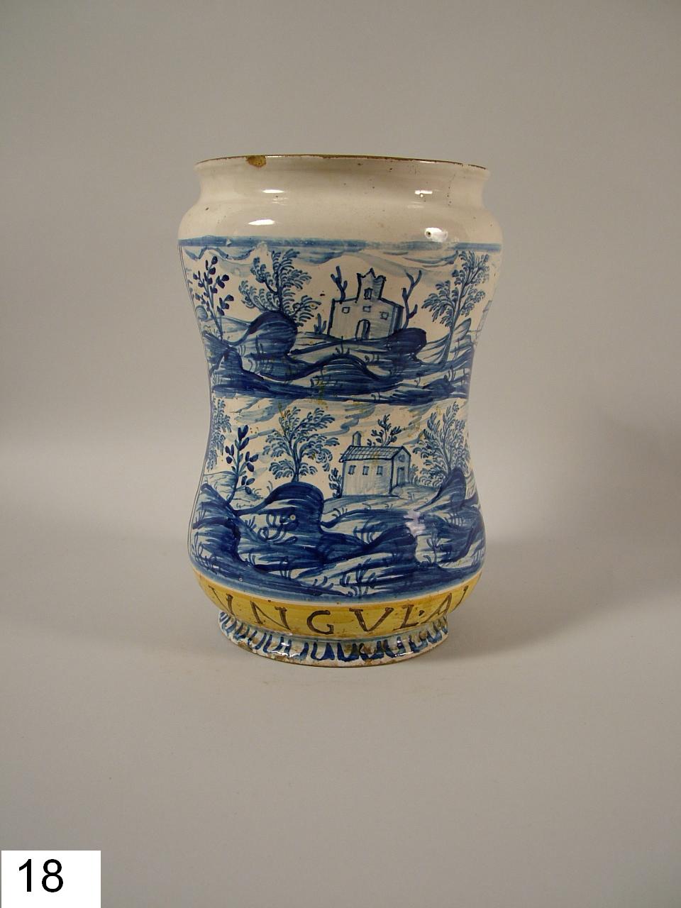 paesaggi con edifici (albarello, elemento d'insieme) - manifattura napoletana (prima metà sec. XVIII)