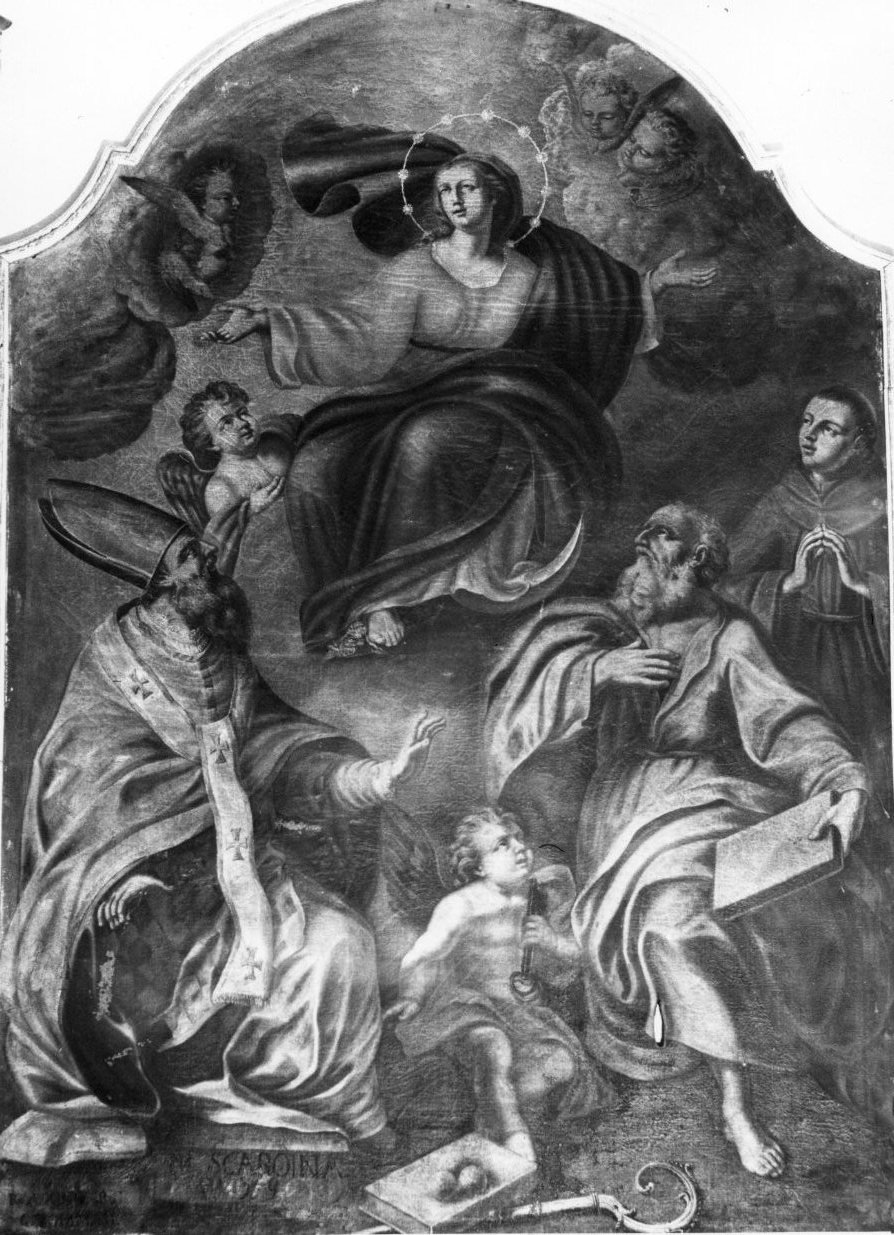 Madonna in gloria con San Nicola di Bari, San Pietro e Santo francescano (dipinto) di Scaroina Michele (sec. XVIII)
