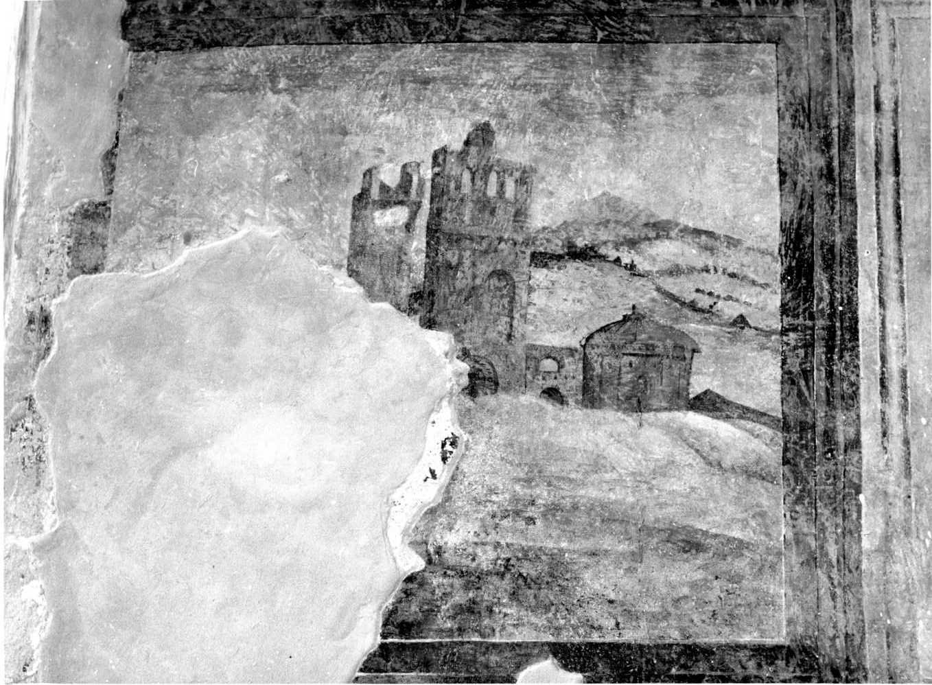 paesaggio con architetture (decorazione pittorica, elemento d'insieme) di Donato da Copertino (sec. XVI)