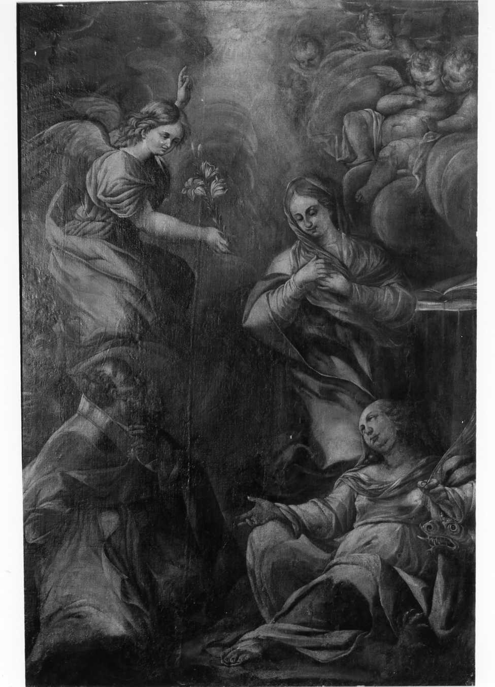 Annunciazione tra Santa Margherita e santo vescovo (dipinto, opera isolata) - ambito Italia centrale (prima metà sec. XVII)