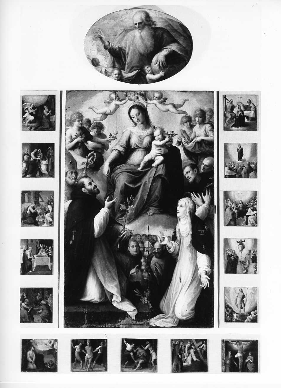 Madonna con Bambino e i Santi Nicola di Myra, Francesco d'Assisi, Domenico, Caterina da Siena e Tommaso d'Aquino (dipinto) di Santafede Fabrizio (sec. XVII)