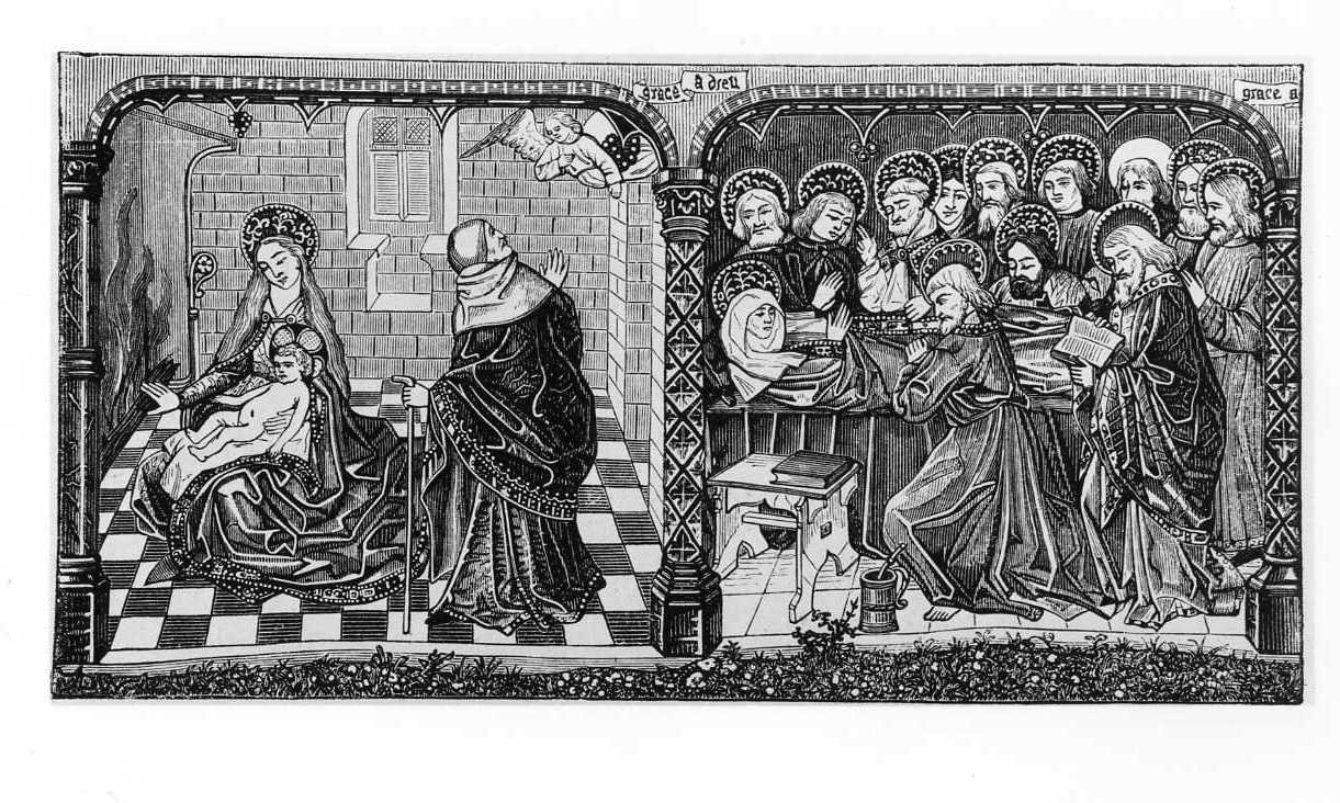 Ritorno dall'Egitto a Nazareth. La morte di Maria Vergine, ritorno dall'Egitto a Nazareth/ morte della Madonna (stampa) di Dovivier Albert (sec. XIX)