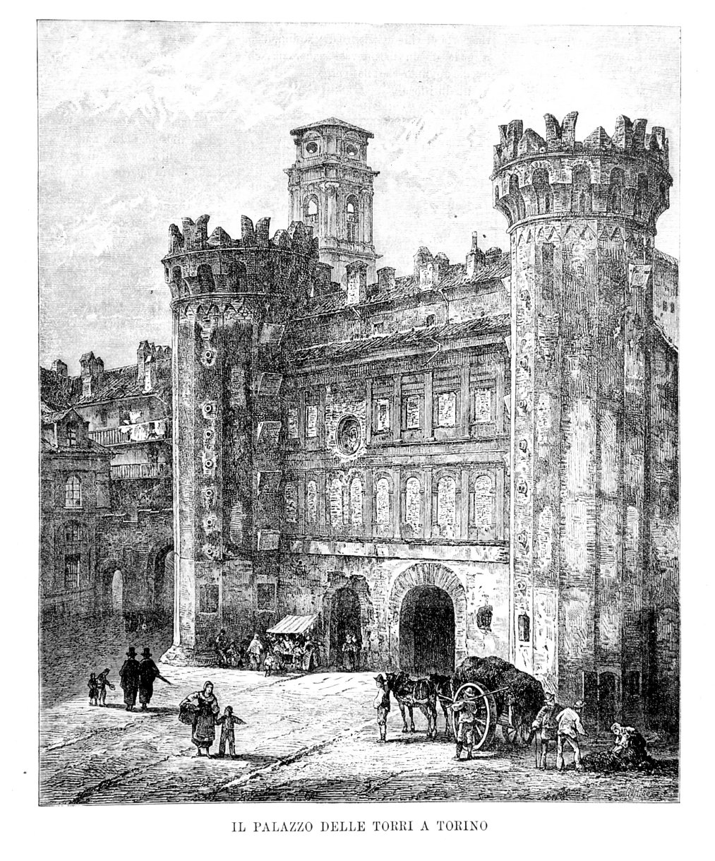 Il Palazzo delle Torri a Torino, veduta di Torino (stampa) - ambito Europa centro-meridionale (sec. XIX)