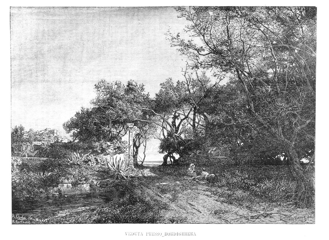Veduta presso Bordighera, veduta presso Bordighera (stampa) di Calame Arthur, Berthold R (sec. XIX)
