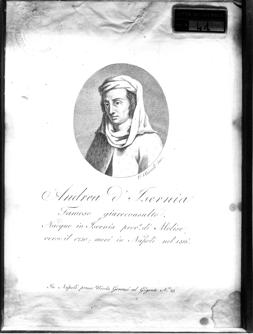 ritratto di Andrea d'Isernia (stampa) di Biondi Carlo (attribuito) (sec. XVIII)