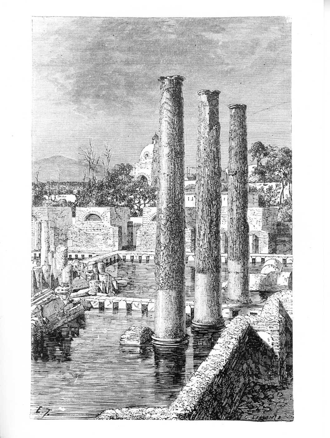 rovine del tempio di Giove Serapide a Pozzuoli, paesaggio con rovine (stampa) di E.J (attribuito), Laplante Charles (attribuito) (sec. XIX)