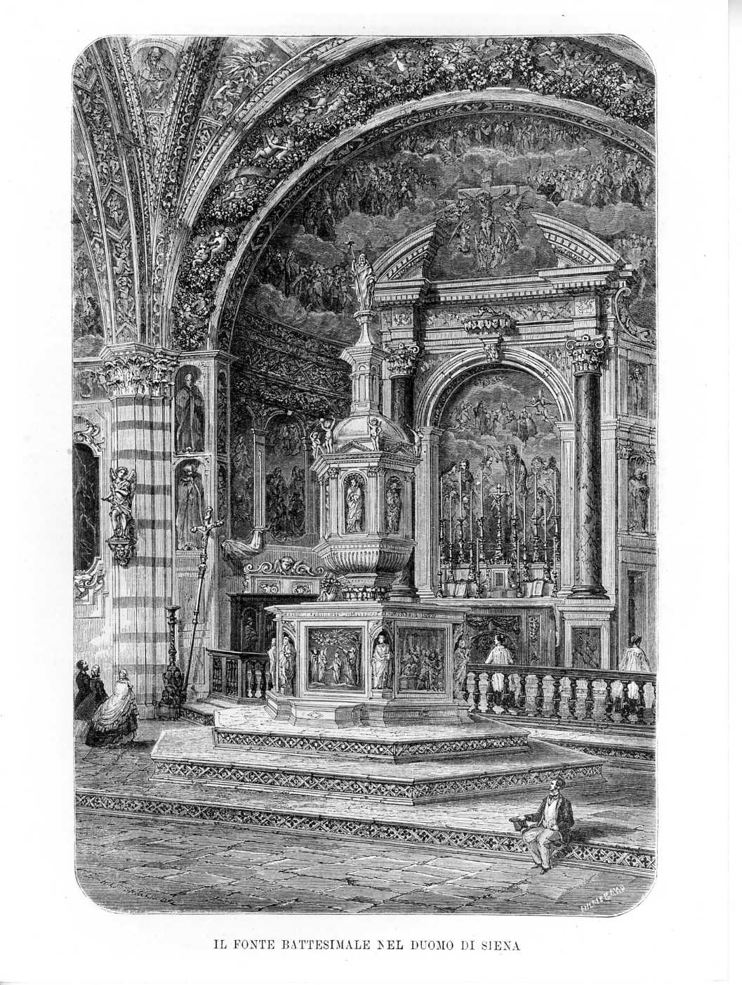 Il fonte battesimale del duomo di Siena, architettura (stampa) di Catenacci H (attribuito), Hildibrand Henri Teophile (attribuito) (sec. XIX)