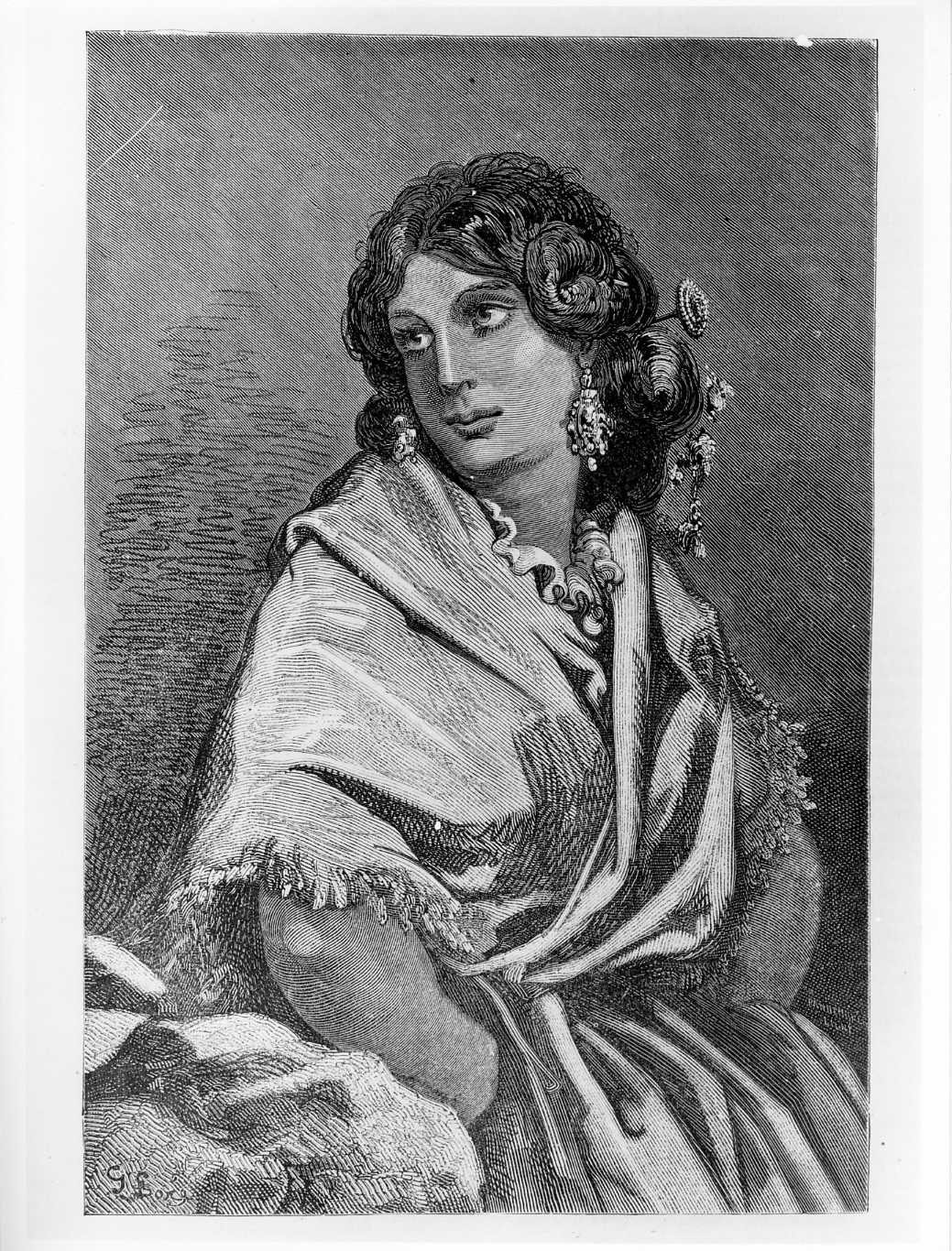 Costumi spagnoli. Giovane donna di Valenza, figura femminile in costume spagnolo (stampa) di Doré Gustave (attribuito) (sec. XIX)