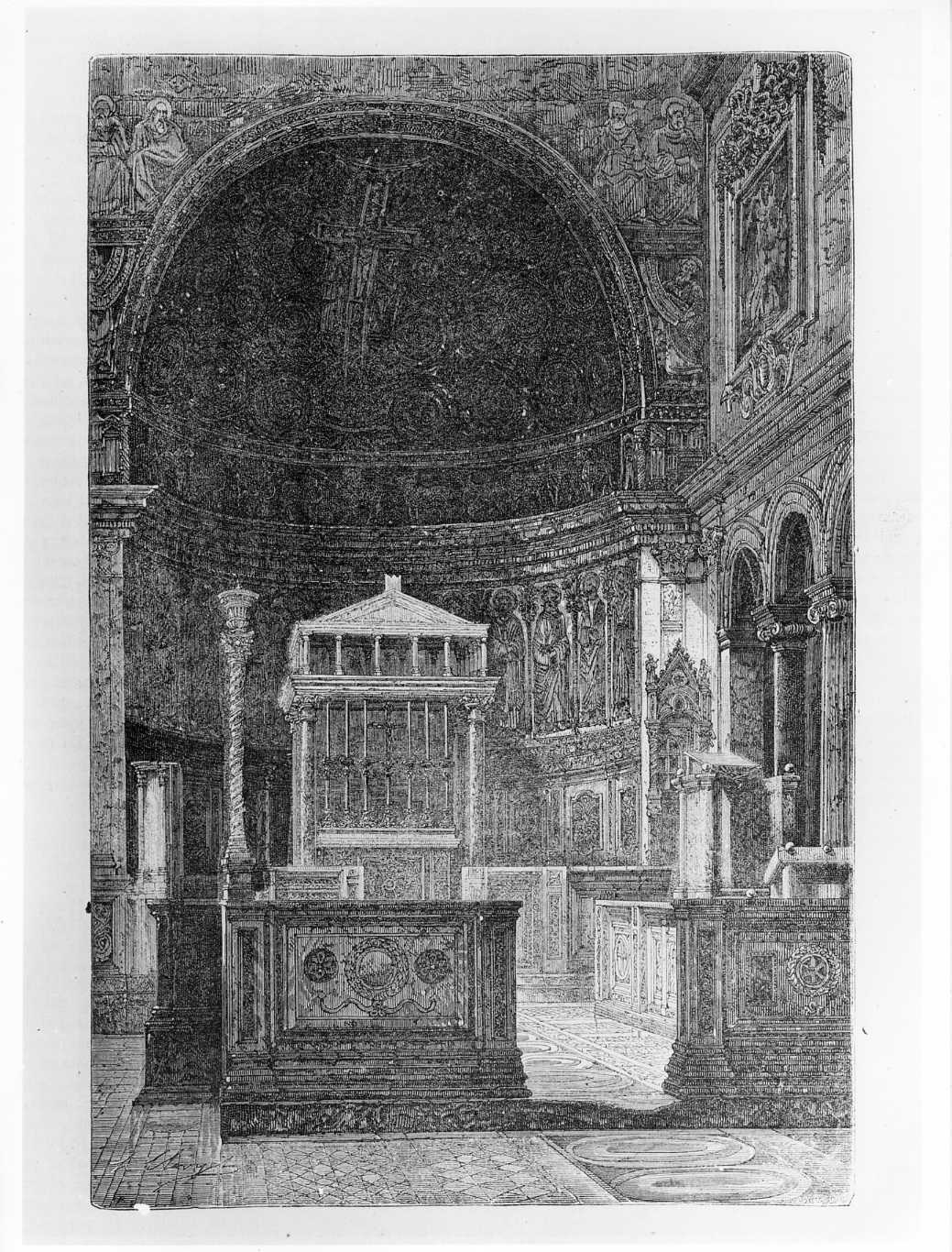La tribuna ed il coro della basilica di S. Clemente, interno (stampa) di Nurget L (attribuito), Cachard (attribuito) (sec. XIX)