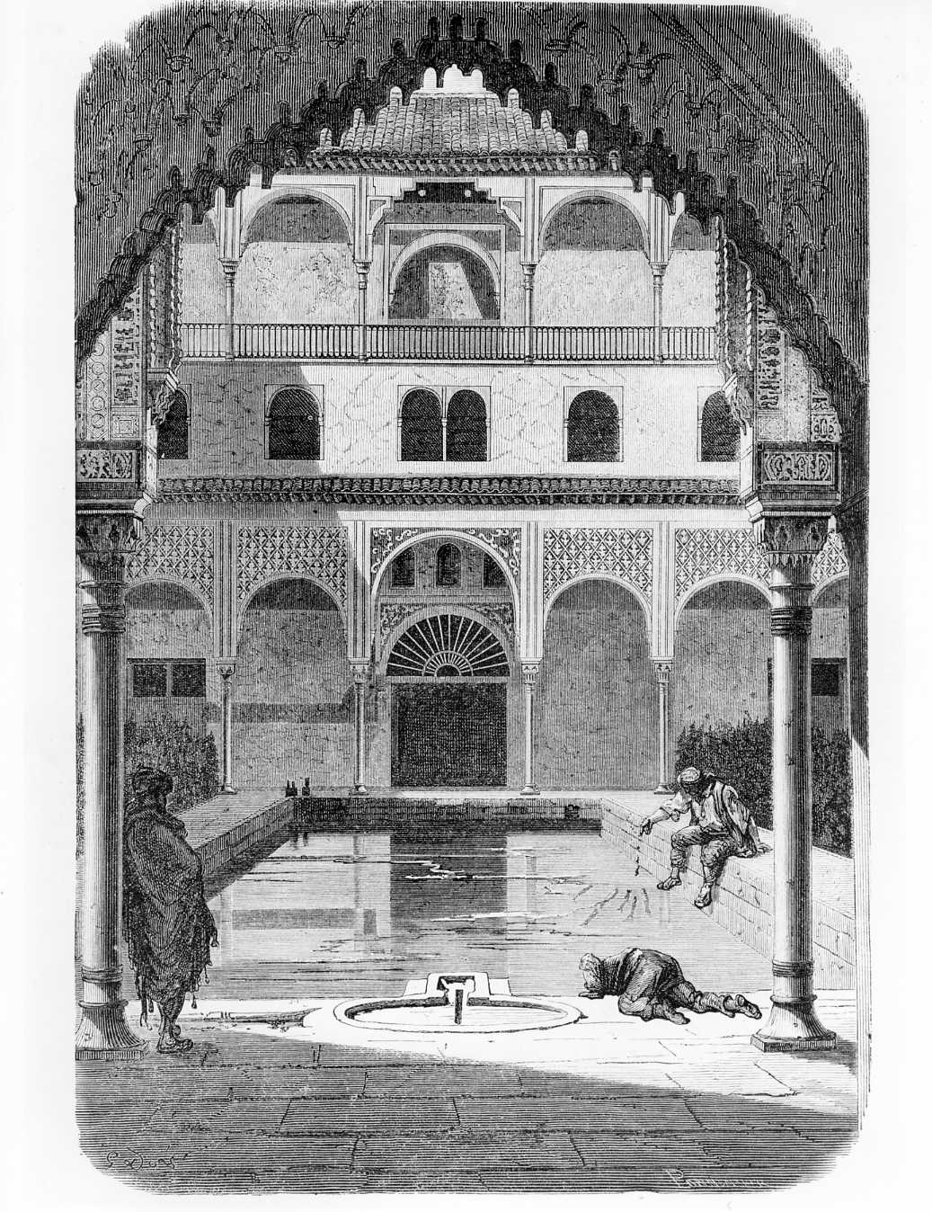 L'Alhambra. Cortile del Mirto (Patio de los Arraianes), veduta di un palazzo (stampa) di Doré Gustave (attribuito), Pannemaker (attribuito) (sec. XIX)