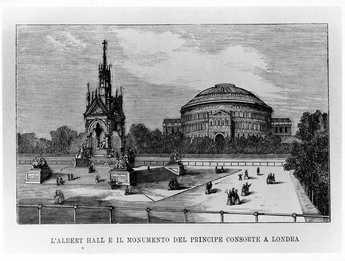 L'Albert Hall e il monumento del principe consorte a Londra, veduta di un palazzo (stampa) - ambito italiano (sec. XIX)