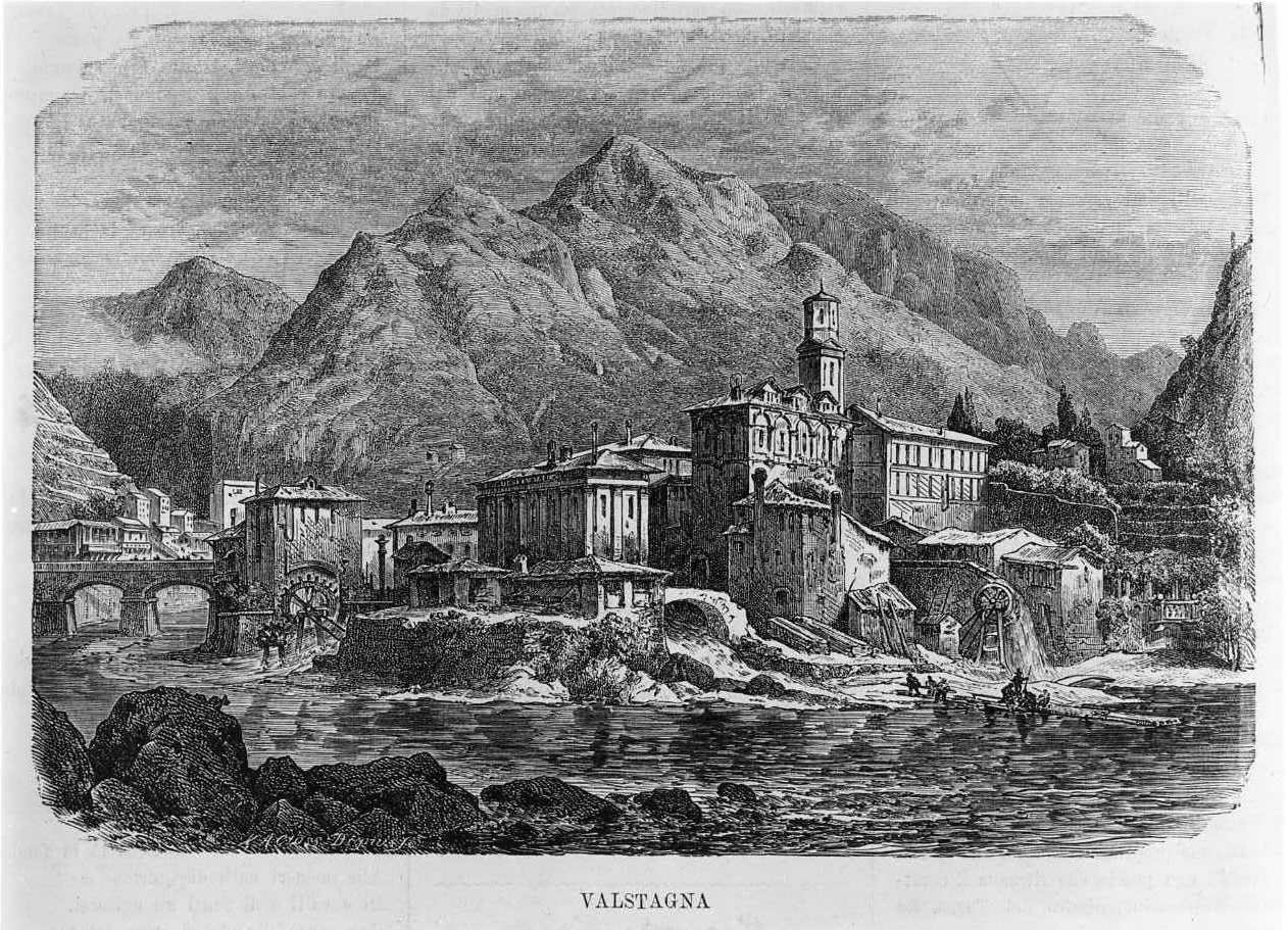 Valstagna, veduta di città (stampa) di Dignus (sec. XIX)