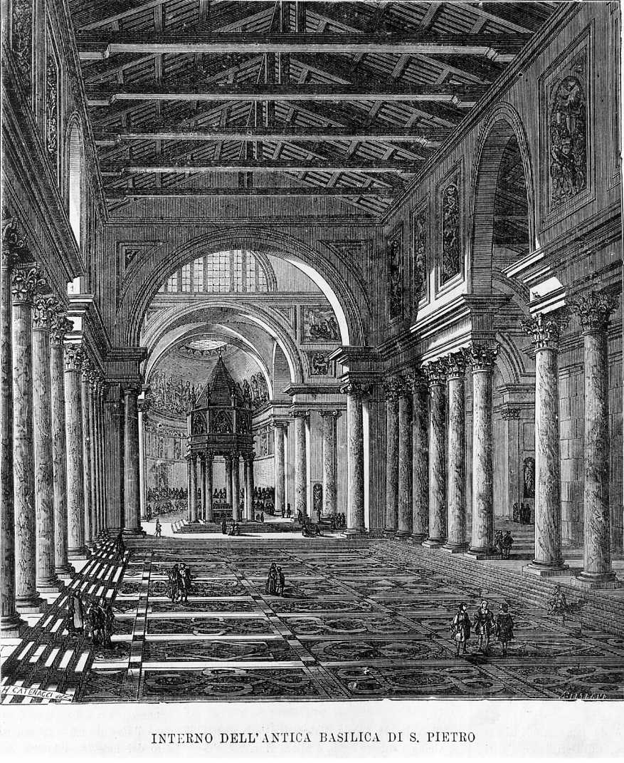 Interno dell'antica basilica di S. Pietro, veduta della basilica di S. Pietro (stampa) di Catenacci H (sec. XIX)